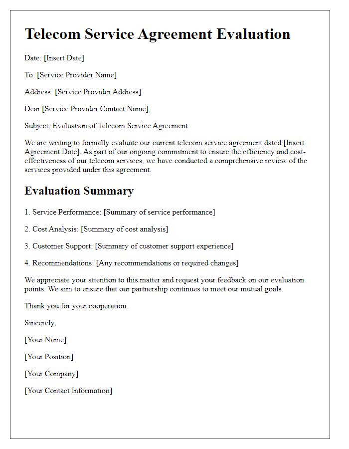 Letter template of telecom service agreement evaluation