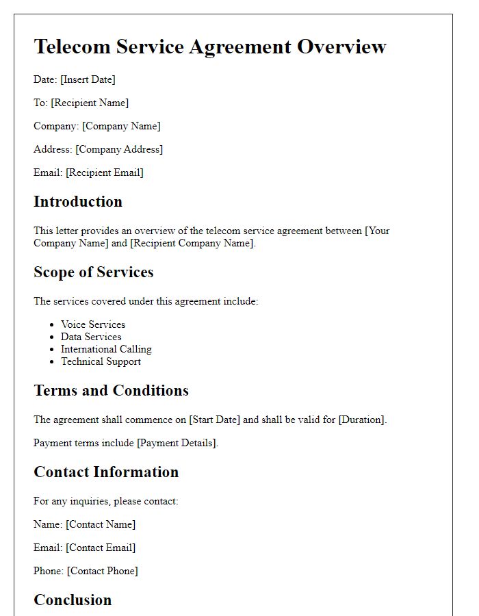 Letter template of telecom service agreement overview