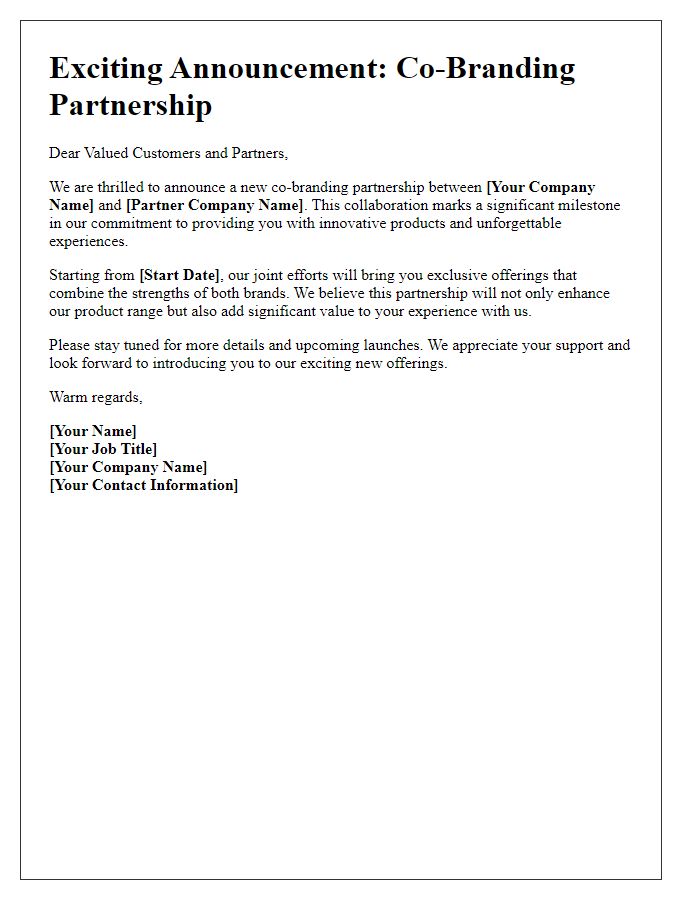 Letter template of announcement for co-branding partnership.