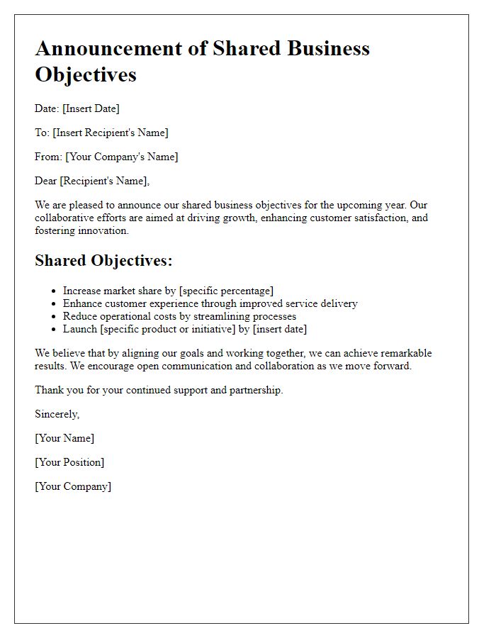 Letter template of announcement for shared business objectives.