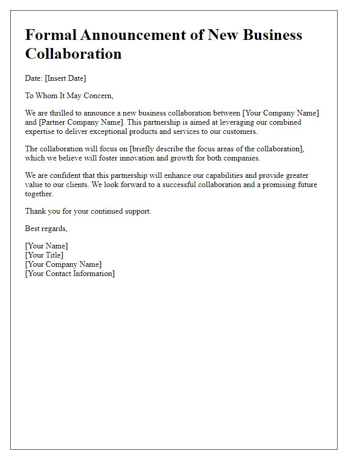 Letter template of formal announcement for new business collaboration.