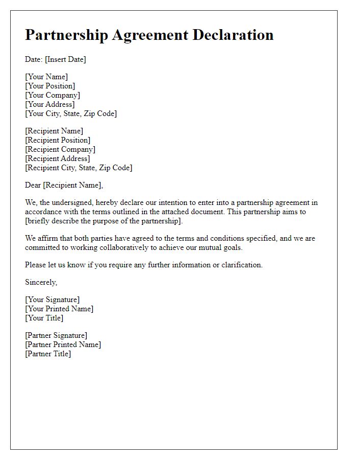 Letter template of formal declaration for partnership agreement.