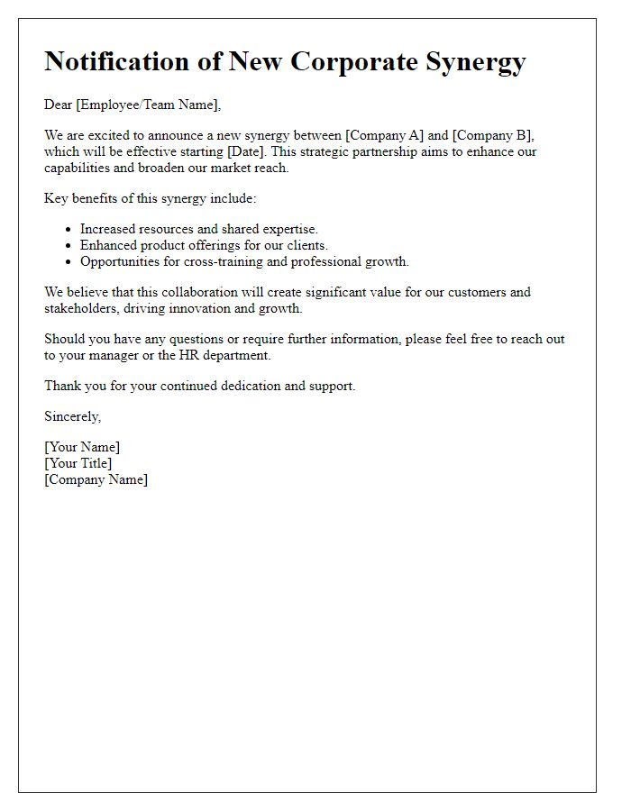 Letter template of notification for new corporate synergy.