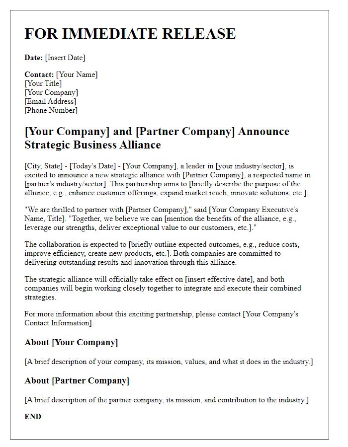 Letter template of press release for business alliance initiation.