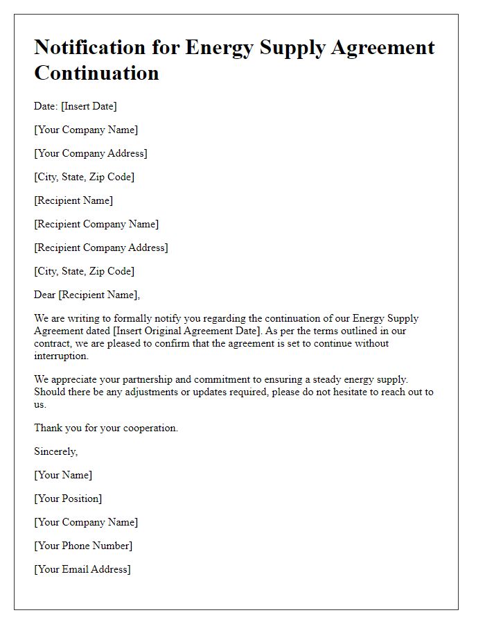 Letter template of Notification for Energy Supply Agreement Continuation