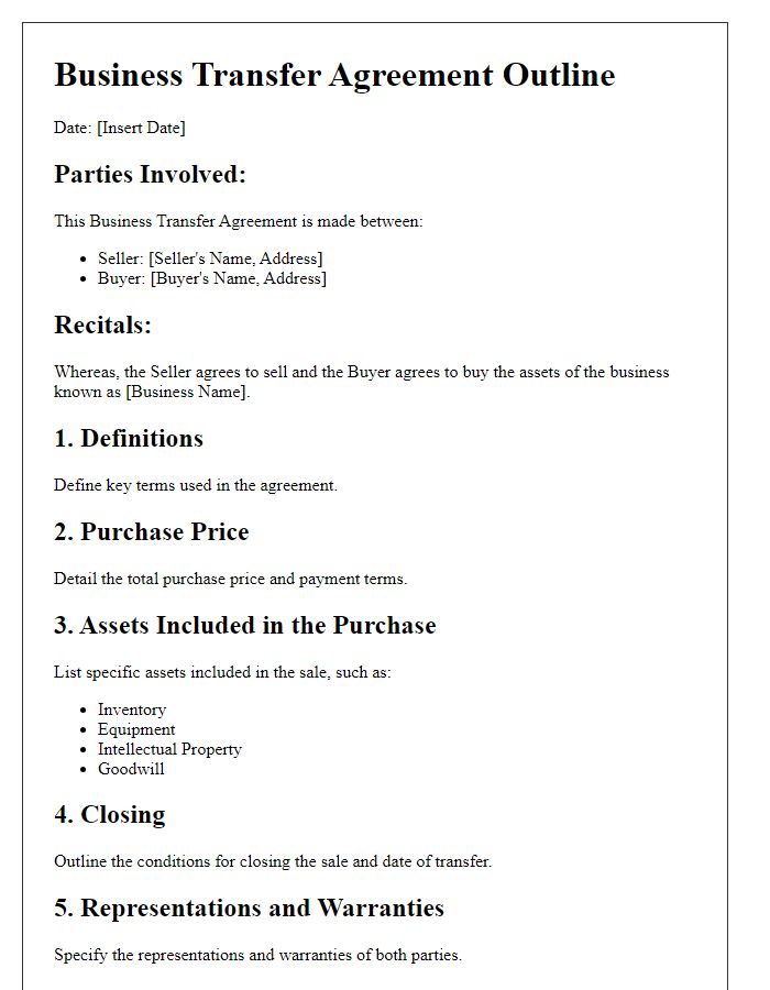 Letter template of business transfer agreement outline for asset purchase