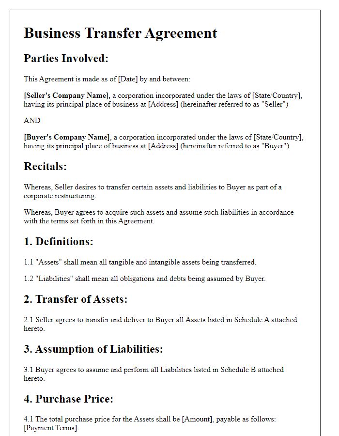 Letter template of business transfer agreement outline for corporate restructuring