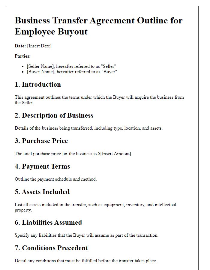 Letter template of business transfer agreement outline for employee buyout