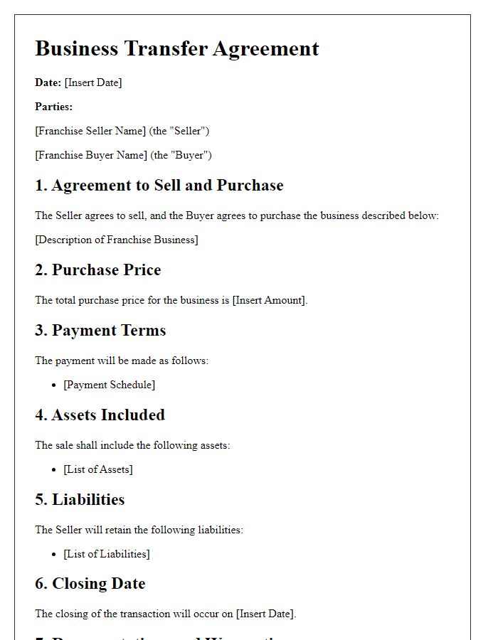 Letter template of business transfer agreement outline for franchise sale