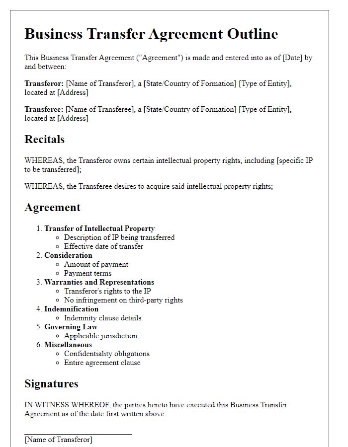 Letter template of business transfer agreement outline for intellectual property transfer