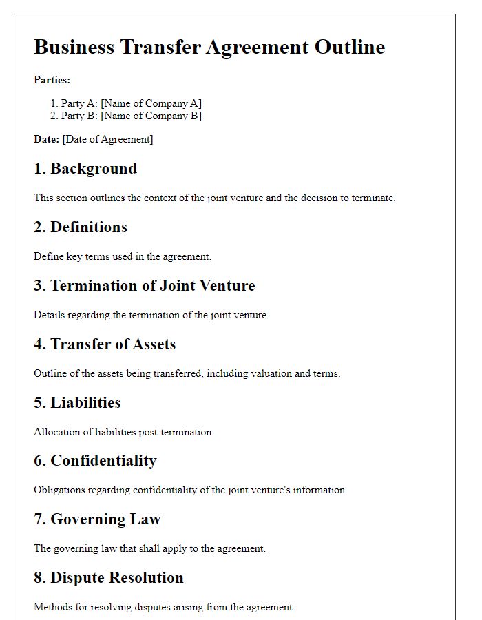 Letter template of business transfer agreement outline for joint venture termination