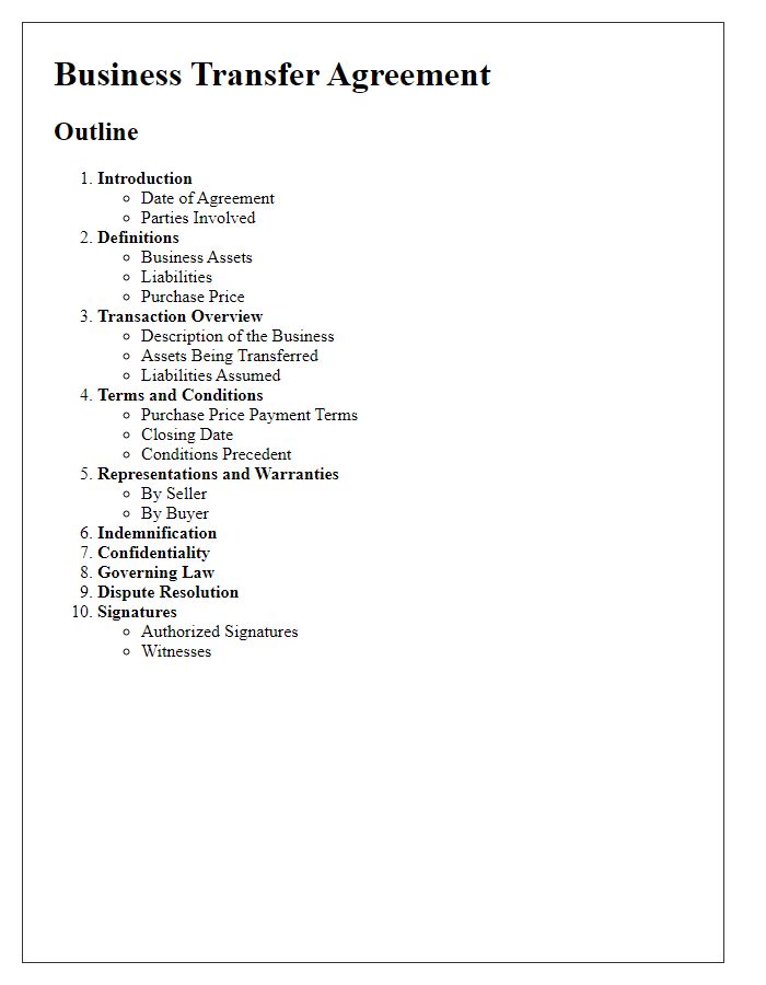 Letter template of business transfer agreement outline for merger acquisition