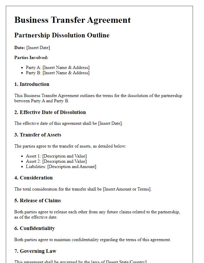 Letter template of business transfer agreement outline for partnership dissolution