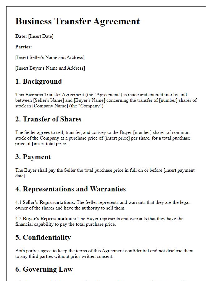 Letter template of business transfer agreement outline for stock transfer