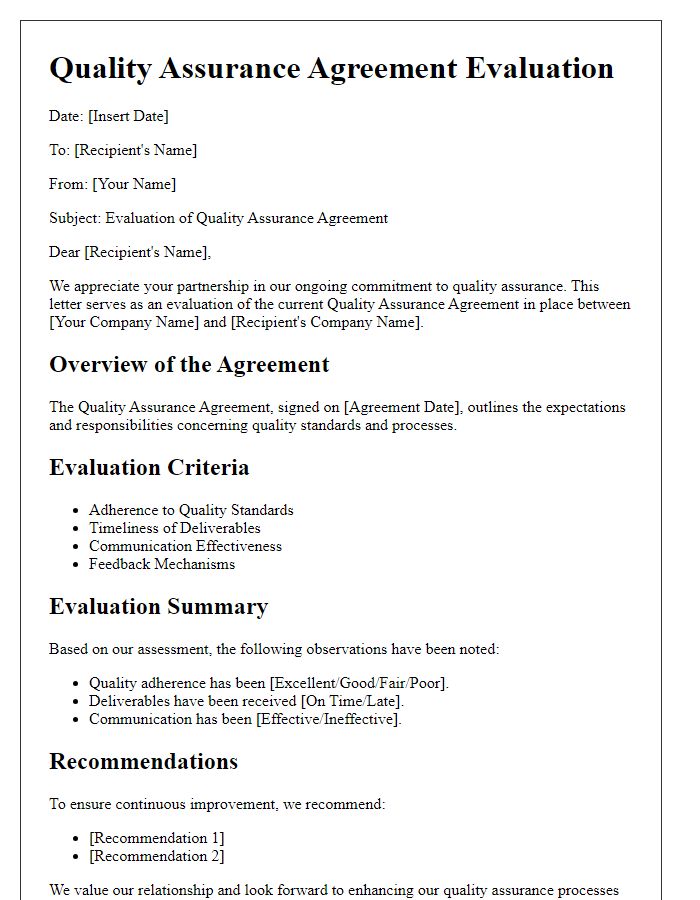 Letter template of quality assurance agreement evaluation