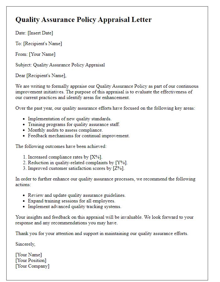 Letter template of quality assurance policy appraisal