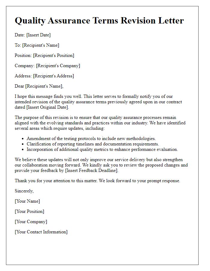 Letter template of quality assurance terms revision