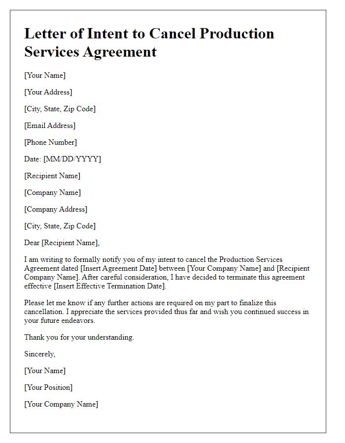 Letter template of intent to cancel production services agreement