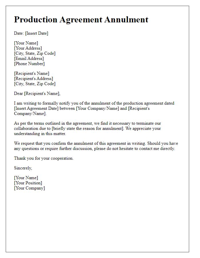 Letter template of production agreement annulment