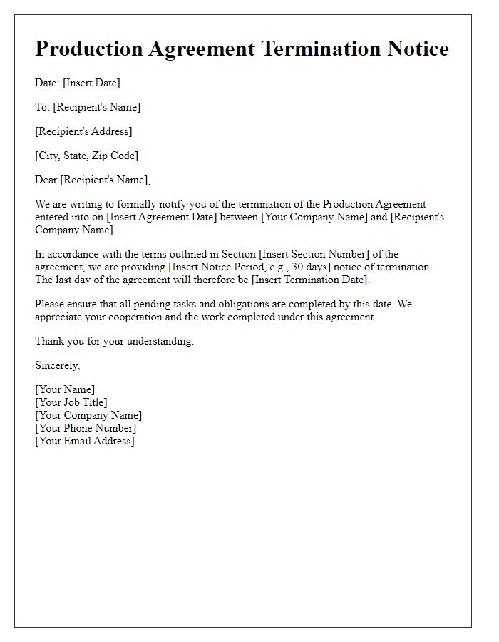 Letter template of production agreement termination notice