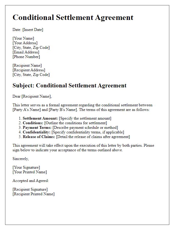 Letter template of conditional settlement agreement