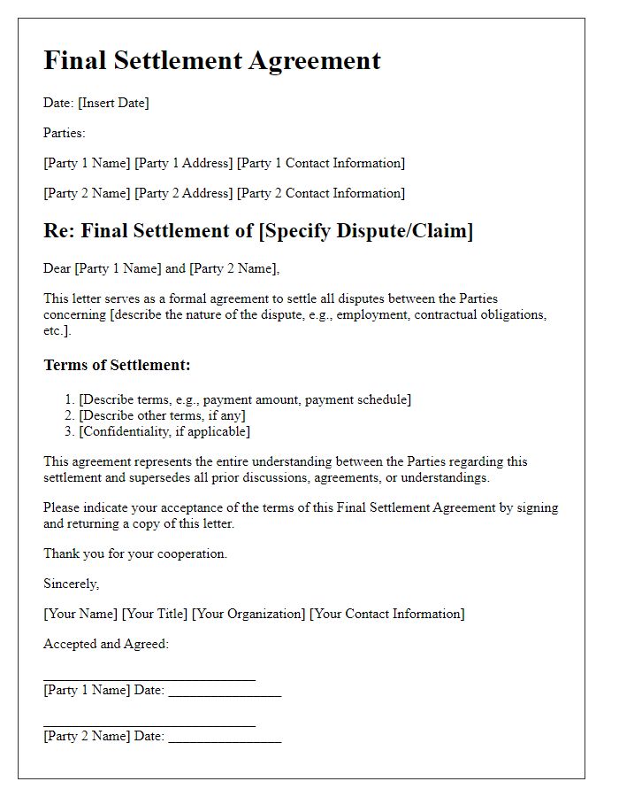 Letter template of final settlement agreement