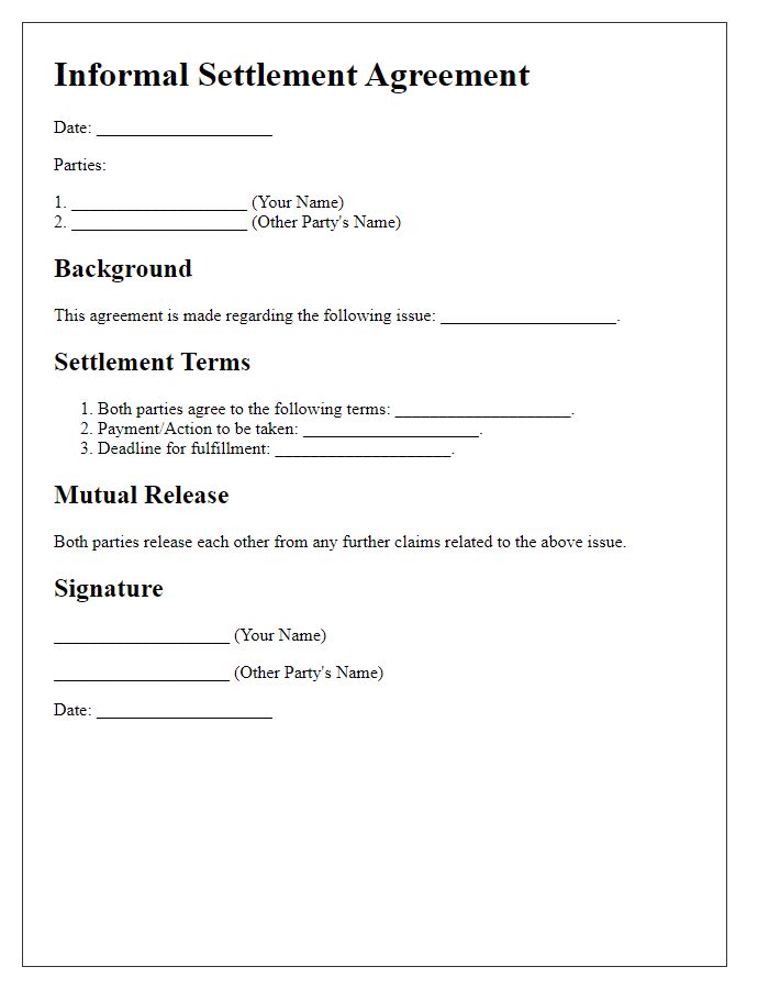 Letter template of informal settlement agreement