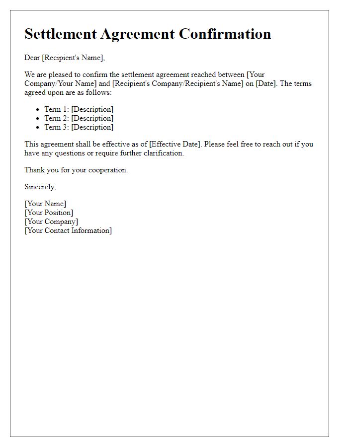 Letter template of settlement agreement confirmation