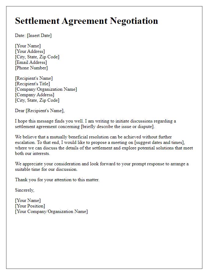 Letter template of settlement agreement negotiation