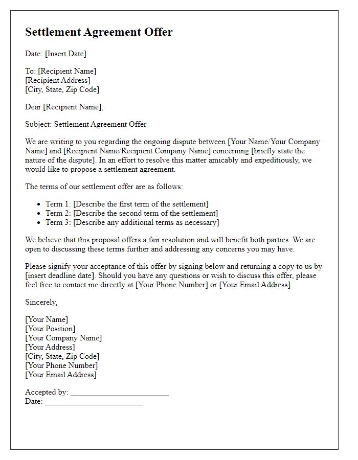 Letter template of settlement agreement offer