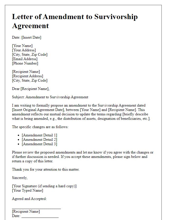 Letter template of amendment to survivorship agreement