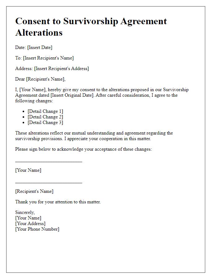 Letter template of consent to survivorship agreement alterations