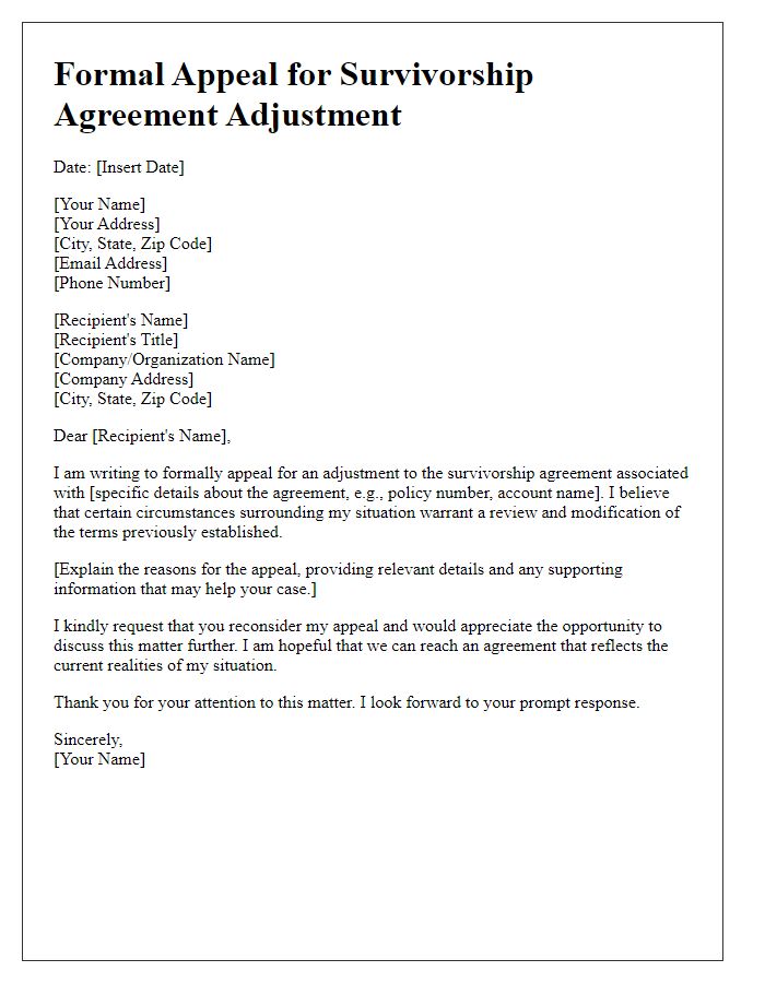 Letter template of formal appeal for survivorship agreement adjustment