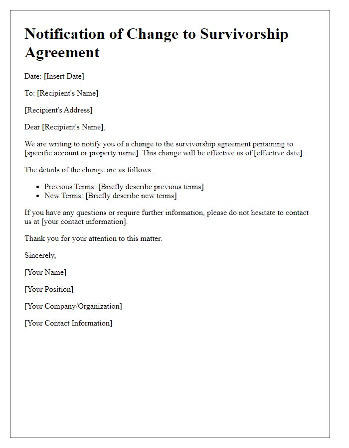 Letter template of notification for survivorship agreement change