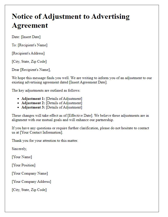 Letter template of advertising agreement adjustment notification