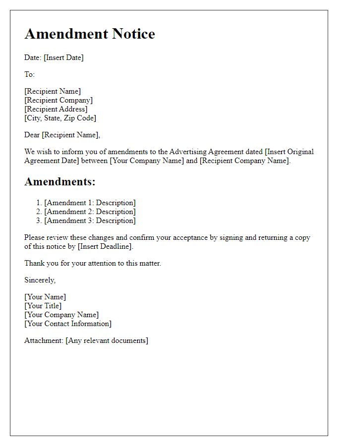 Letter template of amendment notice for advertising agreement