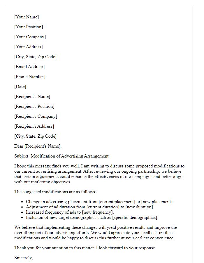 Letter template of modifications in advertising arrangement