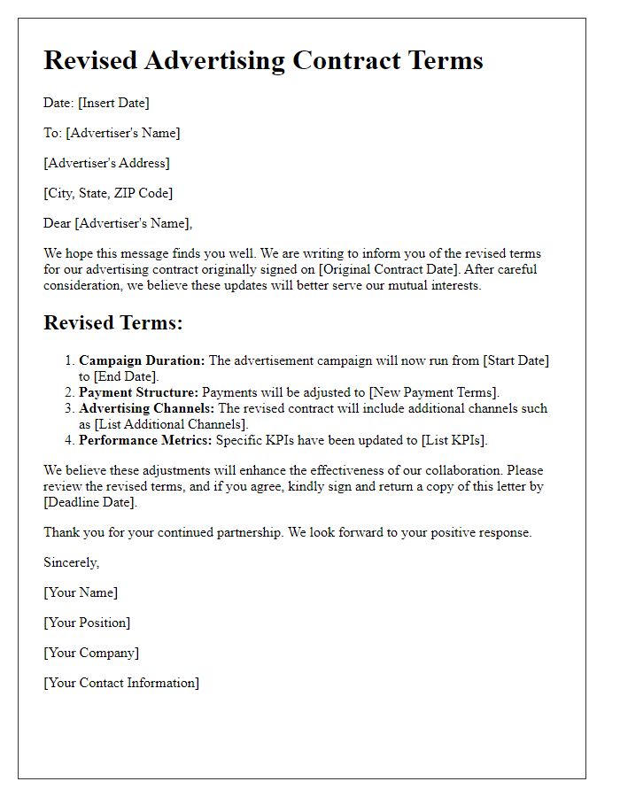 Letter template of revised advertising contract terms