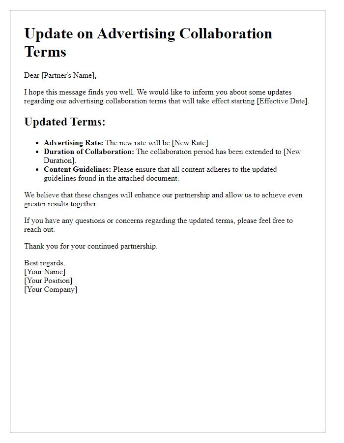 Letter template of updates to advertising collaboration terms