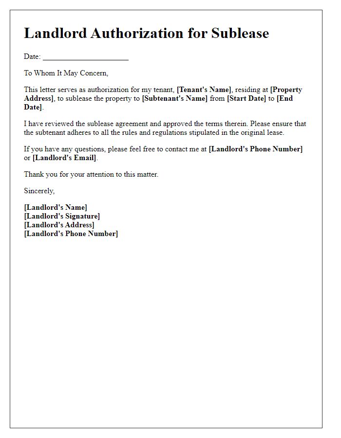 Letter template of landlord authorization for sublease