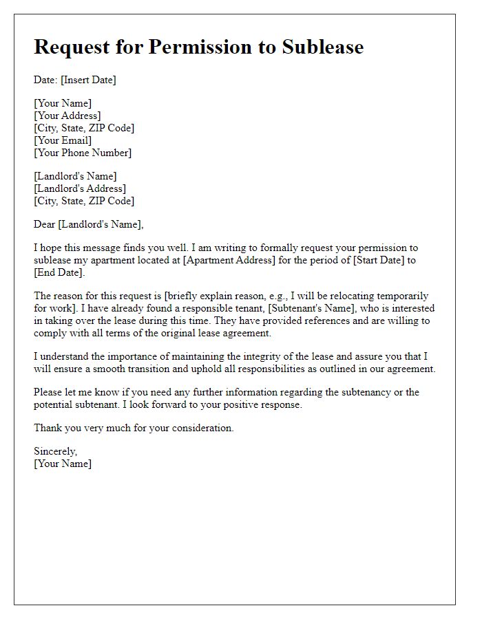 Letter template of request for permission to sublease