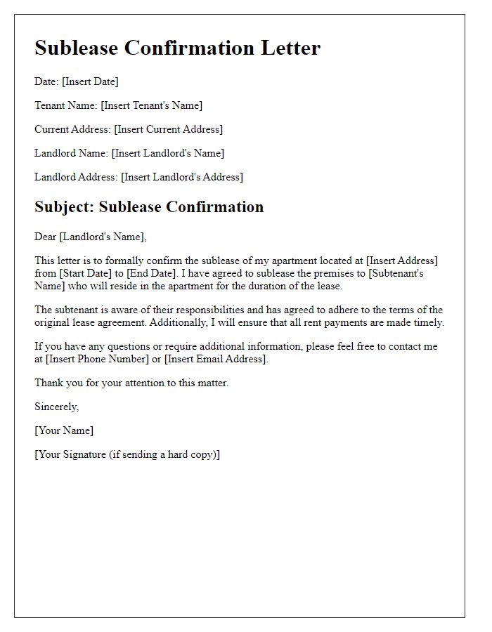 Letter template of sublease confirmation from tenant