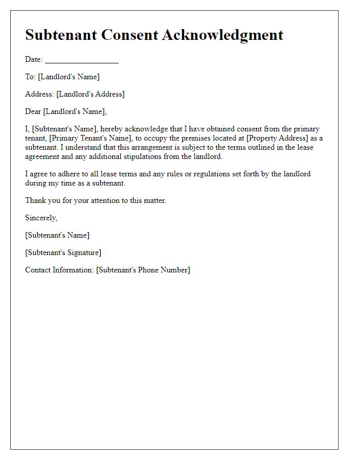 Letter template of subtenant consent acknowledgment