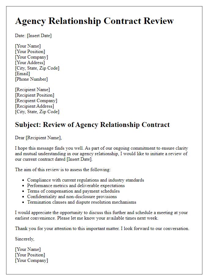 Letter template of agency relationship contract review