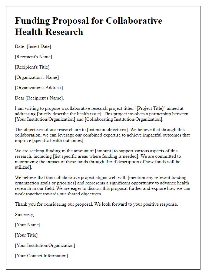 Letter template of funding proposal for collaborative health research