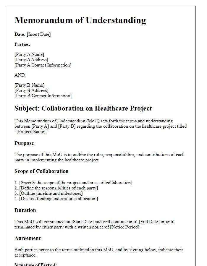 Letter template of memorandum of understanding for healthcare project collaboration