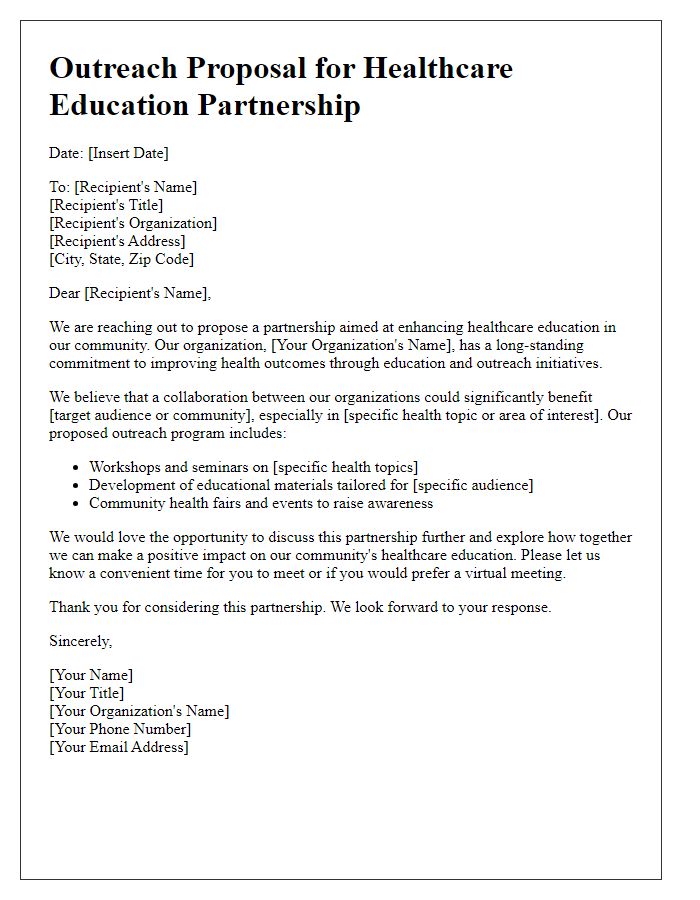 Letter template of outreach proposal for healthcare education partnership