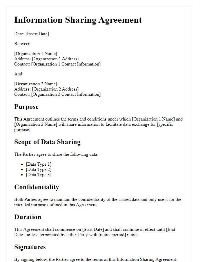 Letter template of Information Sharing Agreement for Data Exchange between Organizations