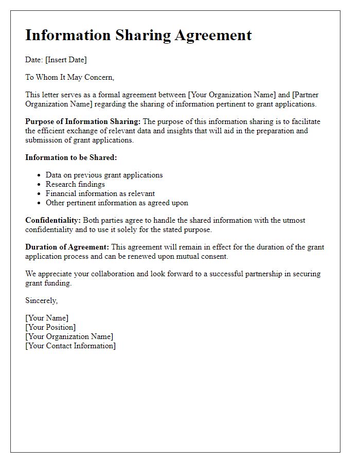 Letter template of Information Sharing Agreement for Grant Applications