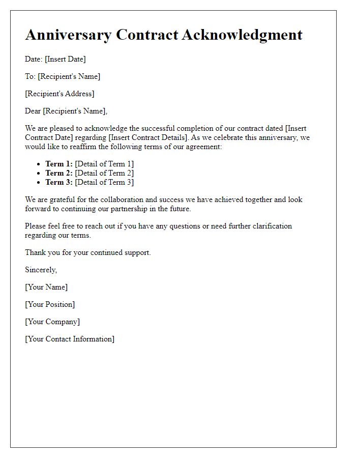 Letter template of anniversary contract acknowledgment of terms